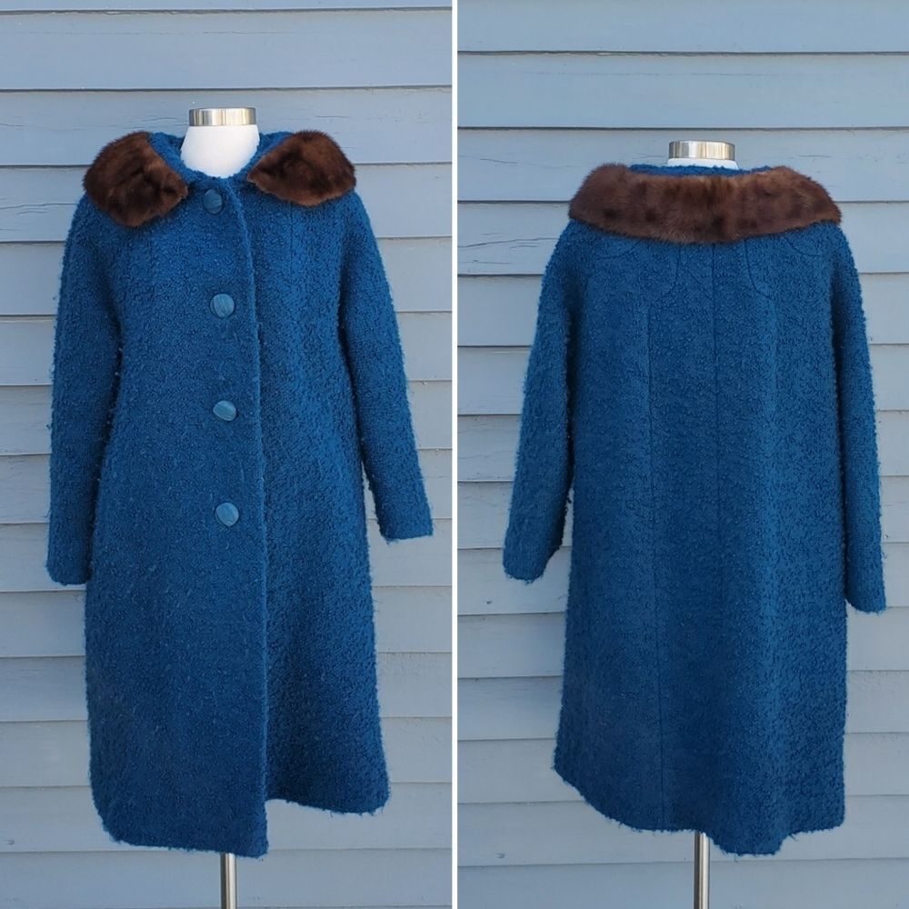 Vintage 50s 60s Teal Blue Boucle Wool Brown Mink Collar Swing Coat